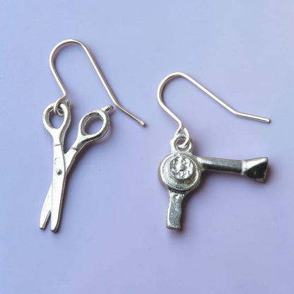 Hairdresser Earrings, Handmade Pewter Scissors and Hairdryer Drop Earrings