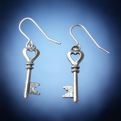 Heart Key Earrings, Handmade Pewter Drop Earrings, Polished Finish