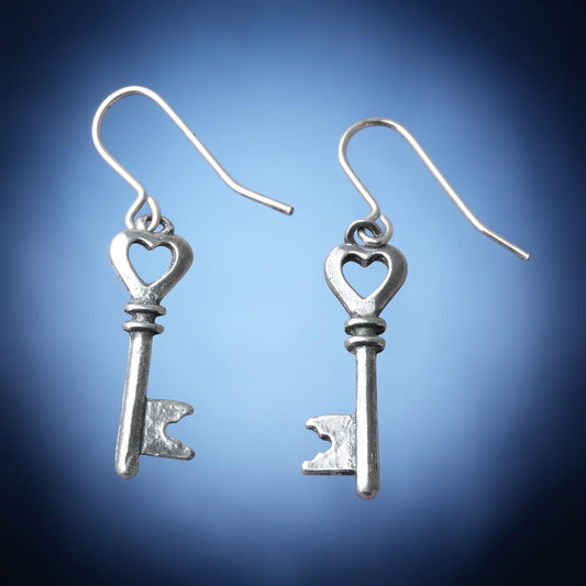 Heart Key Earrings, Handmade Pewter Drop Earrings, Polished Finish