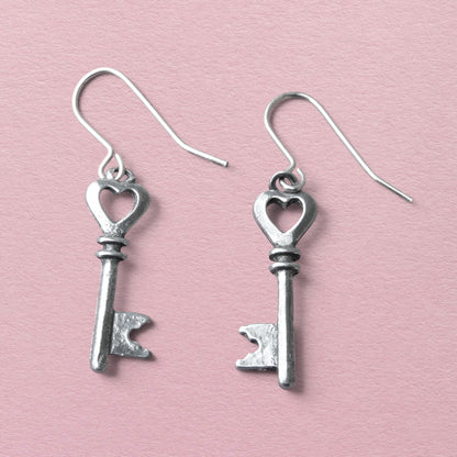 Heart Key Earrings, Handmade Pewter Drop Earrings, Polished Finish