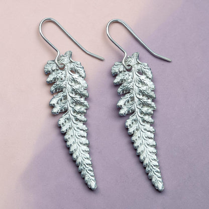 Narrow Fern Leaf Earrings, Handmade Pewter Drop Earrings, Polished Finish