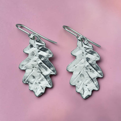 Oak Leaf Earrings, Handmade Pewter Drop Earrings, Polished Finish