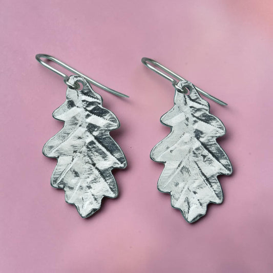 Oak Leaf Earrings, Handmade Pewter Drop Earrings, Polished Finish