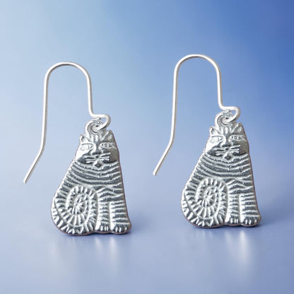 Stripy Cat Earrings, Handmade Pewter Drop Earrings, Polished Finish