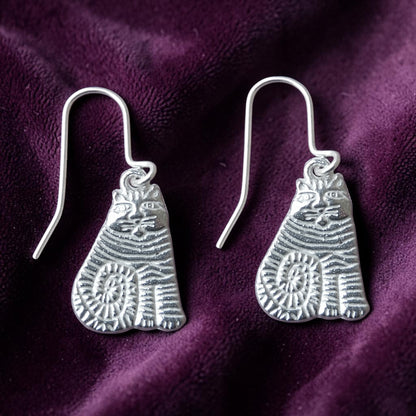 Stripy Cat Earrings, Handmade Pewter Drop Earrings, Polished Finish