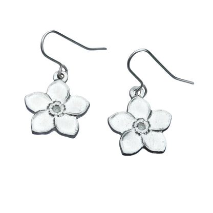 Forget Me Not Flower Earrings, Handmade Pewter Drop Earrings, Polished Finish