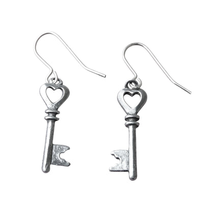 Heart Key Earrings, Handmade Pewter Drop Earrings, Polished Finish