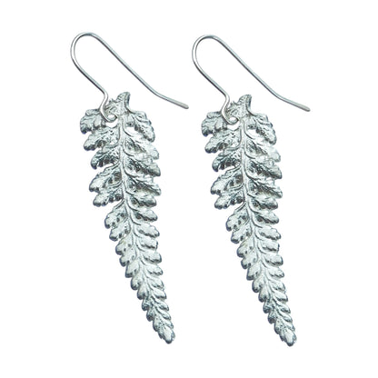 Narrow Fern Leaf Earrings, Handmade Pewter Drop Earrings, Polished Finish