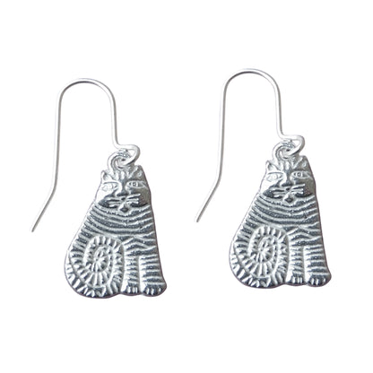 Stripy Cat Earrings, Handmade Pewter Drop Earrings, Polished Finish