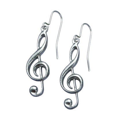 Treble Clef Earrings, Handmade Pewter Drop Earrings, Polished Finish