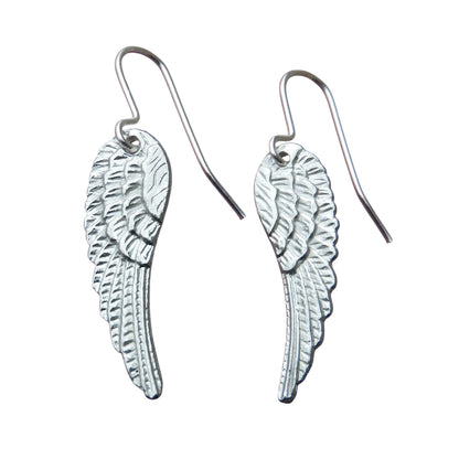 Angel Wing Earrings, Handmade Pewter Drop Earrings, Polished Finish