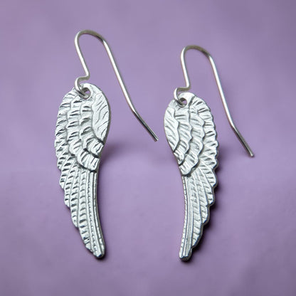 Angel Wing Earrings, Handmade Pewter Drop Earrings, Polished Finish