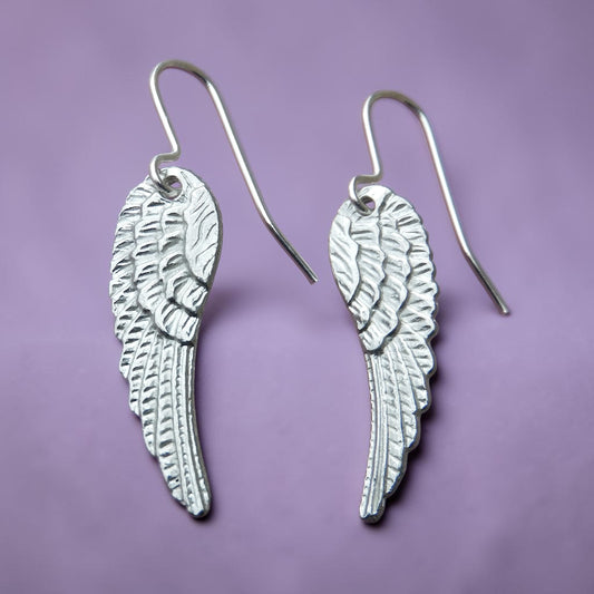 Angel Wing Earrings, Handmade Pewter Drop Earrings, Polished Finish