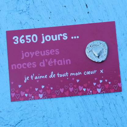 Cœur Unique Noces d’Étain, 3650 Jours de Mariage, Jeton Gravé en Étain sur Carte