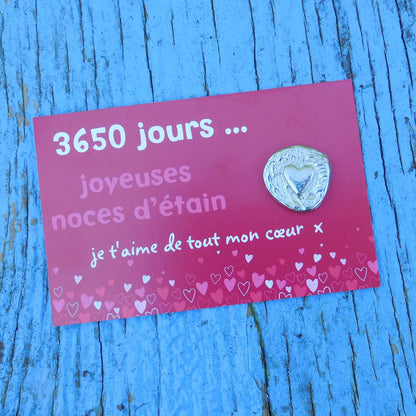 Cœur Unique Noces d’Étain, 3650 Jours de Mariage, Jeton Gravé en Étain sur Carte