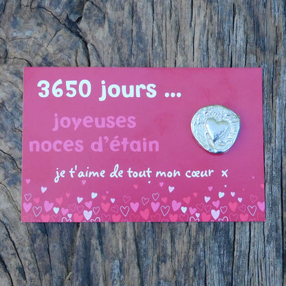 Cœur Unique Noces d’Étain, 3650 Jours de Mariage, Jeton Gravé en Étain sur Carte