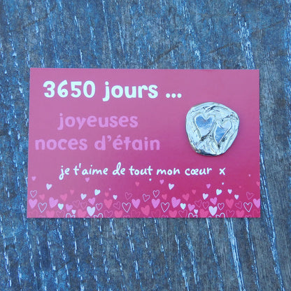 Double Cœur Noces d’Étain, 3650 Jours de Mariage, Jeton Couple en Étain sur Carte