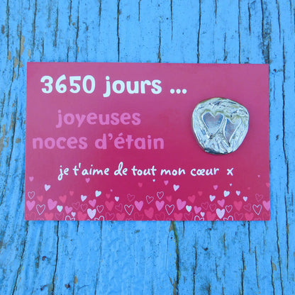 Double Cœur Noces d’Étain, 3650 Jours de Mariage, Jeton Couple en Étain sur Carte