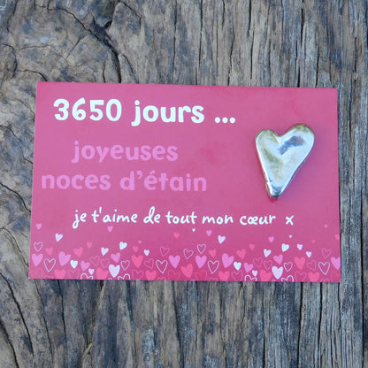 Cœur Lisse Noces d’Étain, 3650 Jours de Mariage, Jeton en Étain sur Carte