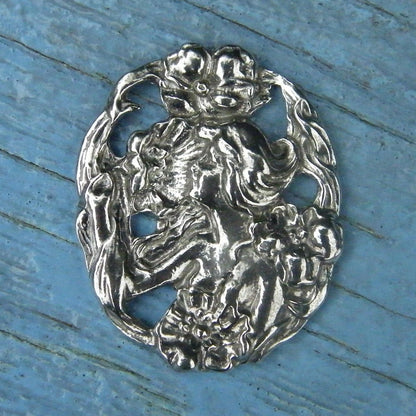 Art Nouveau Girl With Flowers Brooch, Handcast Pewter, Polished Finish
