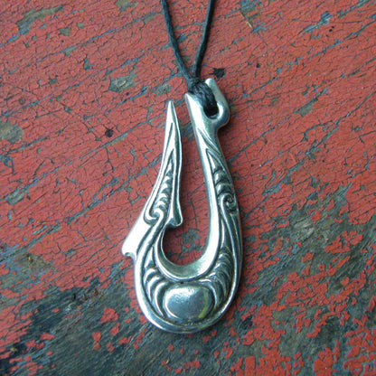 Maori Fish Hook Pendant Necklace (Engraved Design), Handcast Pewter Pendant on Adjustable Waxed Cord
