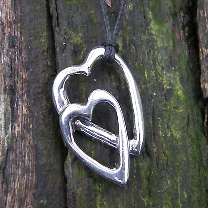 Double Heart Pendant Necklace, Handcast Pewter on Adjustable Waxed Cord