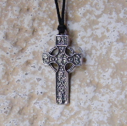 Celtic Cross Pendant Necklace (Open Ring Knotwork Design), Handcast Pewter Pendant on Adjustable Waxed Cord