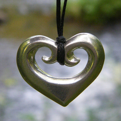 Koru Heart Pendant Necklace, Solid Heart Design with Spiral Detail, Handcast Pewter on Adjustable Cord