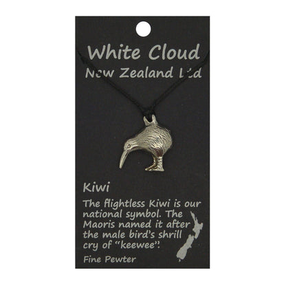 Kiwi Bird Pendant Necklace, Handcast Pewter on Adjustable Waxed Cord