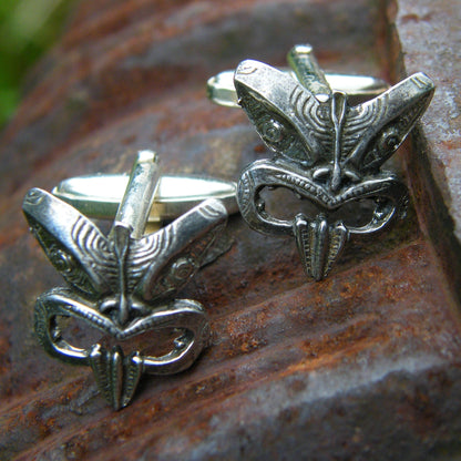 Maori Tiki Cufflinks (Traditional Design), Handcast Pewter Cufflinks, Polished Finish