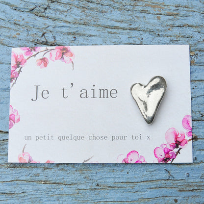 Heart Token on French Card, Je T'Aime (I Love You), Handmade, in Fine Pewter, by William Sturt