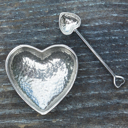 Heart Shaped Salt Bowl With Heart Spoon, Condiment Bowl, Handmade, In Fine Pewter, By William Sturt