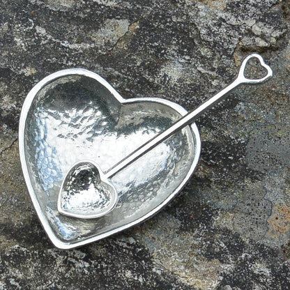 Heart Shaped Salt Bowl With Heart Spoon, Condiment Bowl, Handmade, In Fine Pewter, By William Sturt