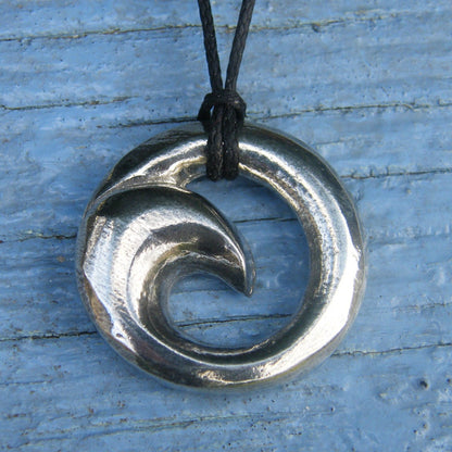 Wave Pendant Necklace (Large), Handcast Pewter on Adjustable Waxed Cord