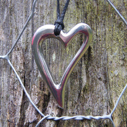 Heart Pendant Necklace, Open Heart Design, Handcast Pewter on Adjustable Waxed Cord