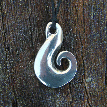 Koru Drop Pendant Necklace, Handcast Pewter on Adjustable Waxed Cord