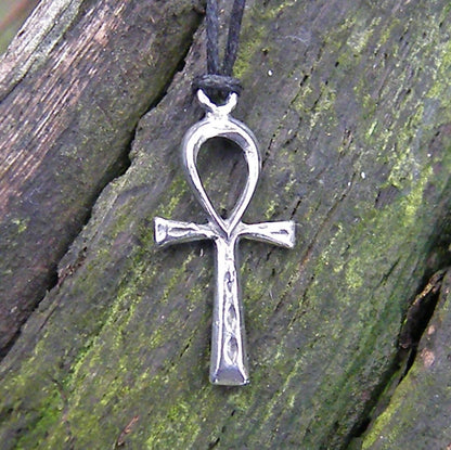 Ankh Pendant Necklace, Handcast Pewter Pendant on Adjustable Waxed Cord