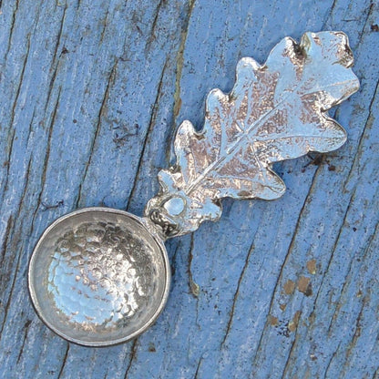 Oak Leaf Sugar Spoon, Beaten Pewter Leaf Spoon, Handcast In Fine Pewter By William Sturt