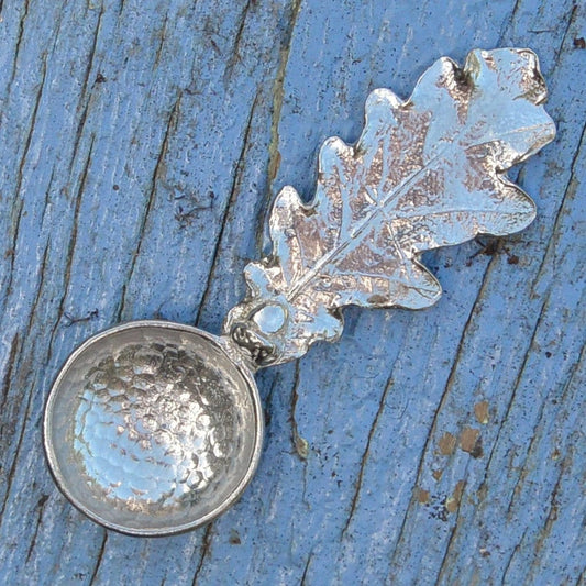 Oak Leaf Sugar Spoon, Beaten Pewter Leaf Spoon, Handcast In Fine Pewter By William Sturt