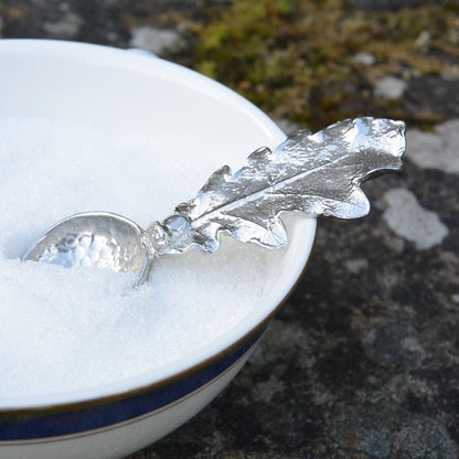 Oak Leaf Sugar Spoon, Beaten Pewter Leaf Spoon, Handcast In Fine Pewter By William Sturt
