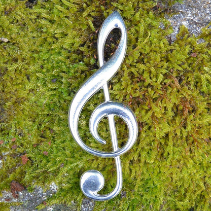Treble Clef Brooch (Large, 10 cm), Handcast Pewter, Polished Finish