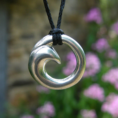Wave Pendant Necklace (Small), Handcast Pewter on Adjustable Waxed Cord