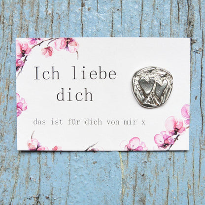 Ich Liebe Dich, Greetings Card With Handmade Pewter Heart Token, by William Sturt