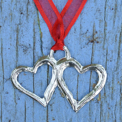 Two Hearts Chrismas Decoration, Handmade, in Fine Pewter, by William Sturt, Hung on an Organza Ribbon,