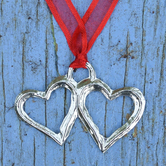 Two Hearts Chrismas Decoration, Handmade, in Fine Pewter, by William Sturt, Hung on an Organza Ribbon,