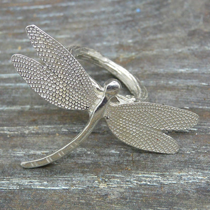 Dragonfly Scarf Ring (Textured Wing Design), Handcast Pewter, Polished Finish