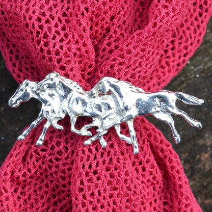 Three Galloping Horses Scarf Ring, Handcast Pewter, Polished Finish