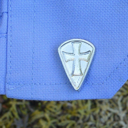 Knights Templar Cufflinks (Long Shield, Inset Cross), Handcast Pewter Cufflinks, Polished Finish