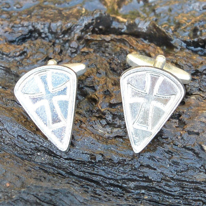 Knights Templar Cufflinks (Long Shield, Inset Cross), Handcast Pewter Cufflinks, Polished Finish