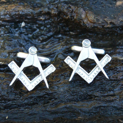 Masonic Cufflinks (Square and Compass Design), Handcast Pewter Cufflinks, Polished Finish